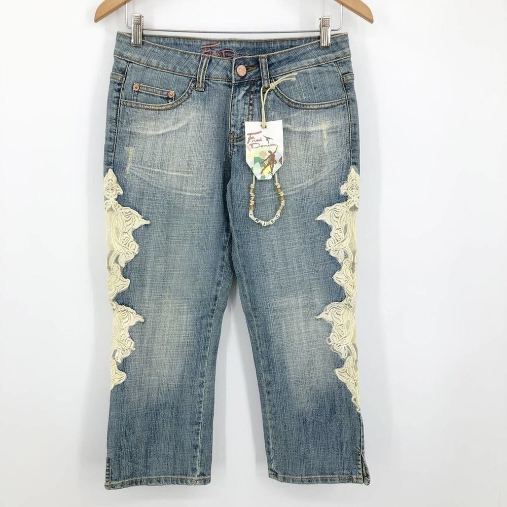 Fried Denim Women's Jeans Size 1/2 Lace Capri Crop Distressed Light Wash Stretch - Picture 3 of 13